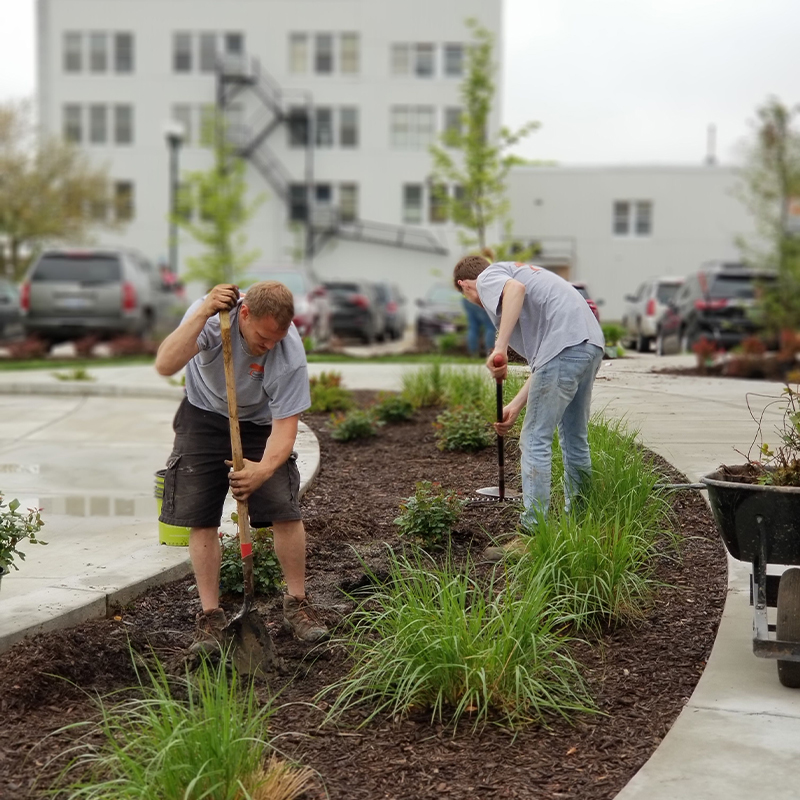 a couple of men standing next to each other in a garden.