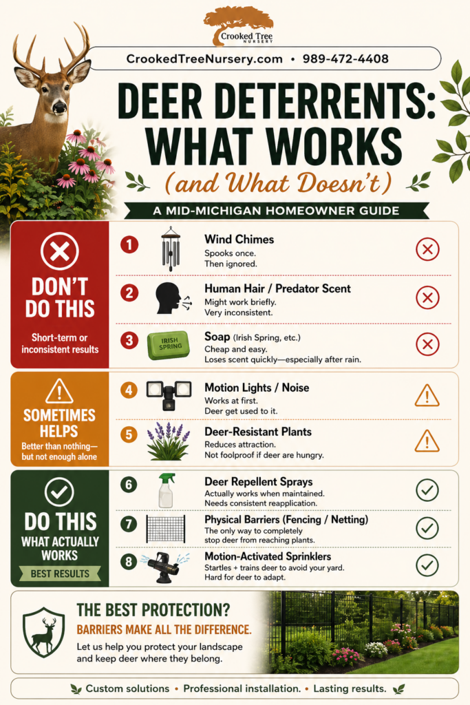 how to keep deer away from plants infographic showing what works and what doesn’t in Michigan landscaping