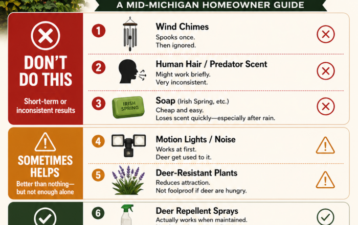 how to keep deer away from plants infographic showing what works and what doesn’t in Michigan landscaping
