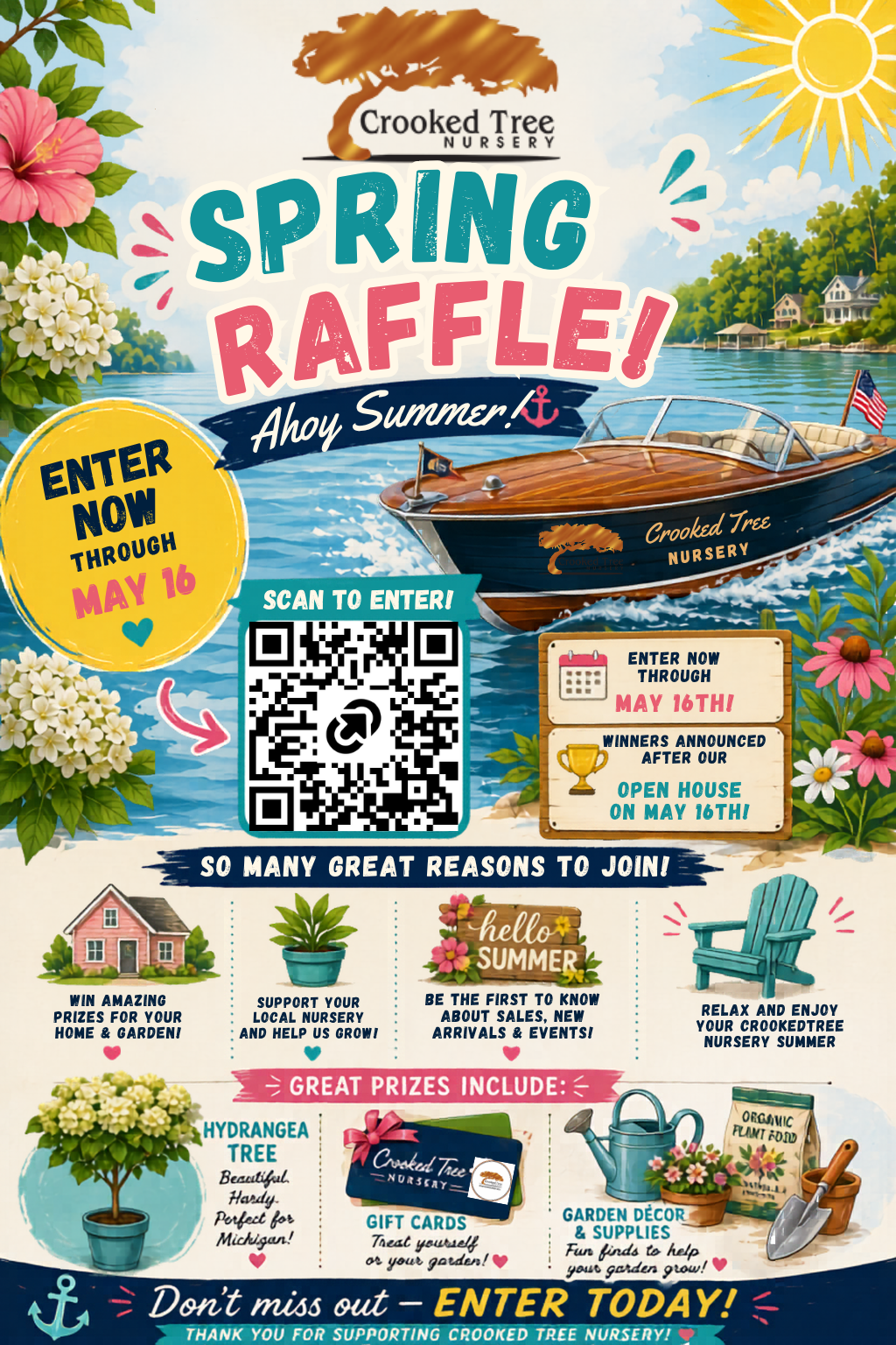 Crooked Tree Nursery Open House spring raffle and Ahoy Summer boat photo area in Owosso Michigan