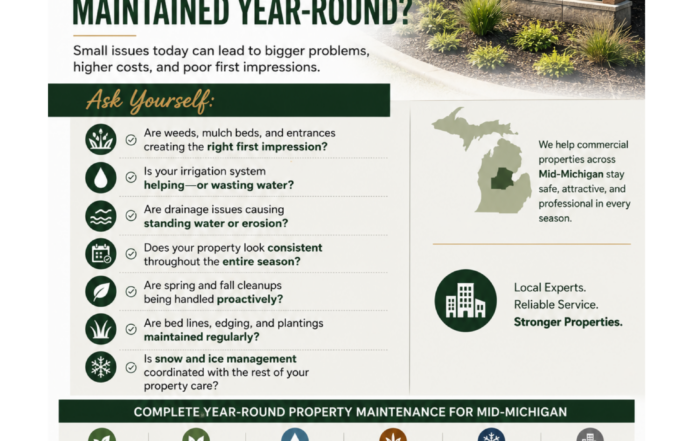 Commercial property maintenance flyer for Mid-Michigan featuring year-round landscaping, irrigation, seasonal cleanup, and snow management services in Owosso, Michigan