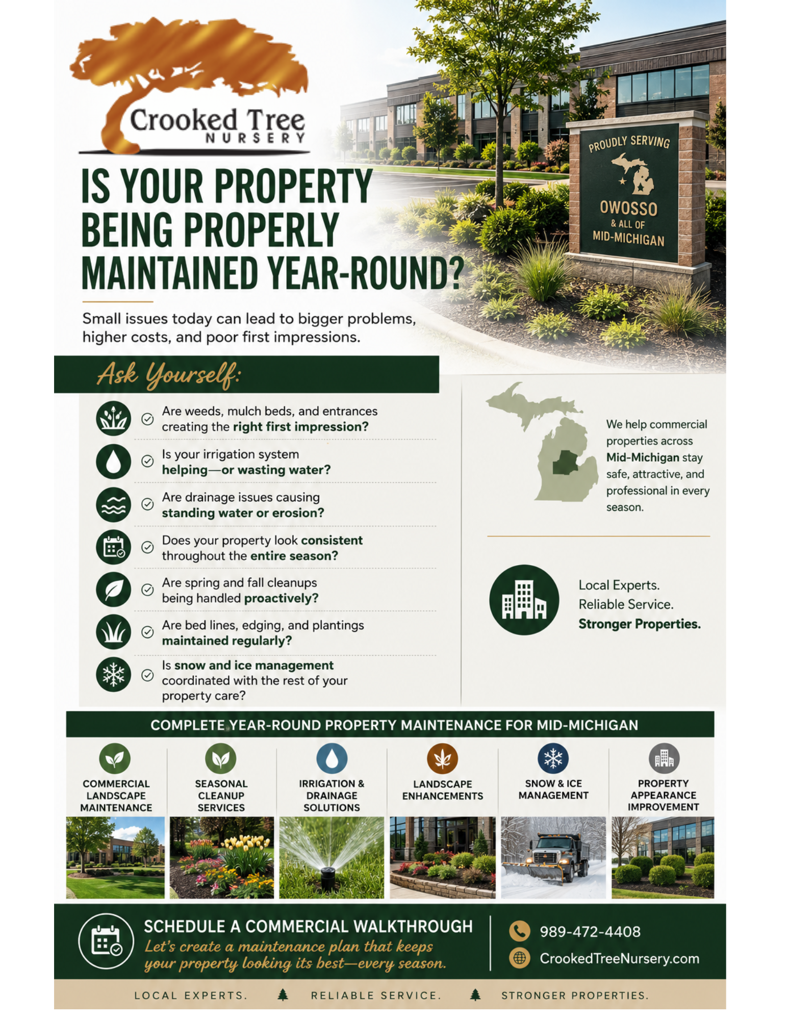 Commercial property maintenance flyer for Mid-Michigan featuring year-round landscaping, irrigation, seasonal cleanup, and snow management services in Owosso, Michigan