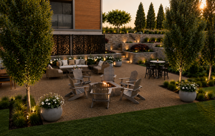 Photorealistic rendering of an outdoor living space with fire feature, patio seating, landscape lighting, and decorative plantings