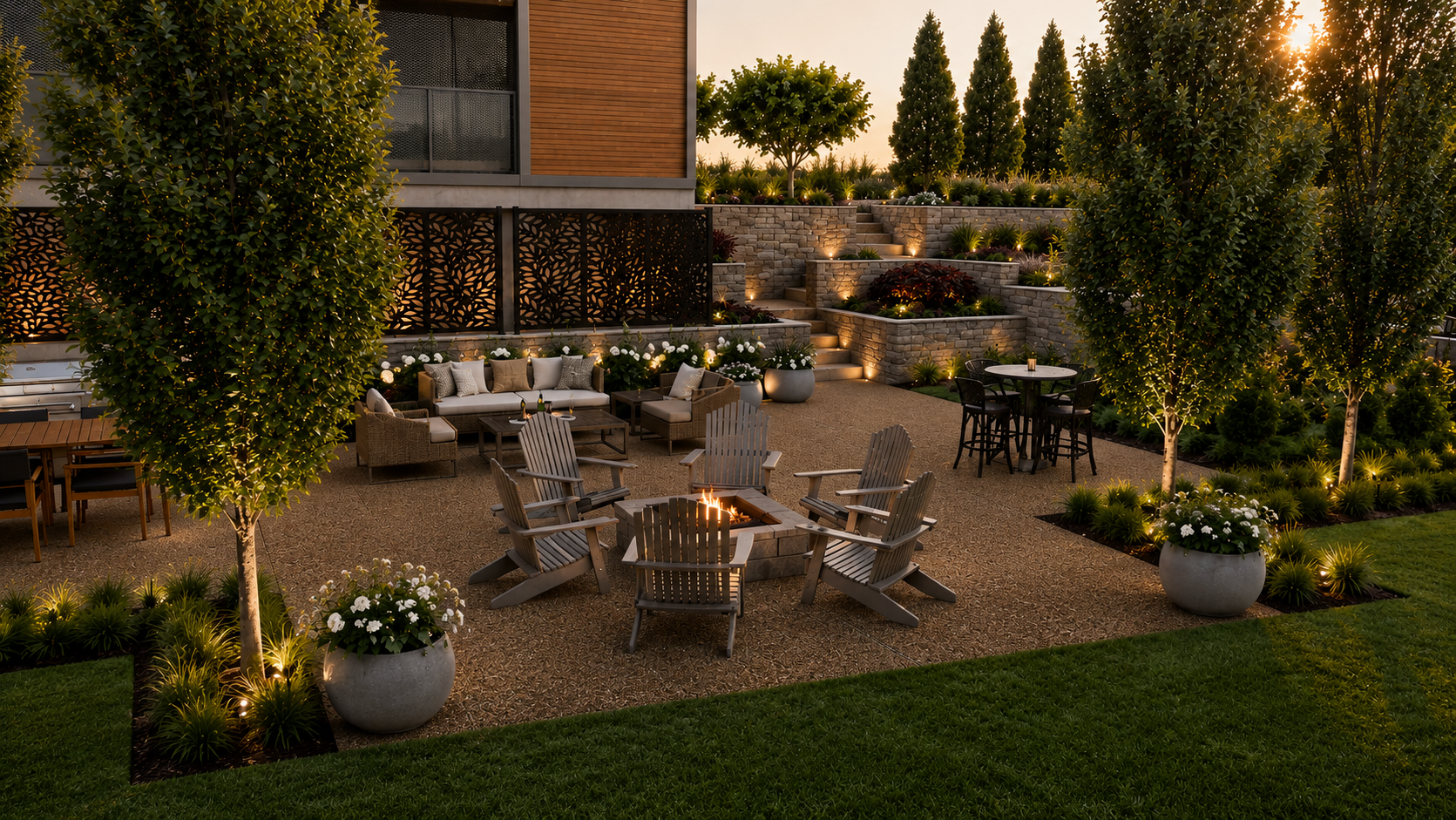 Photorealistic rendering of an outdoor living space with fire feature, patio seating, landscape lighting, and decorative plantings