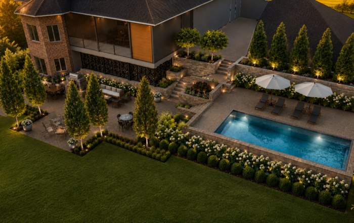 Photorealistic rendering of a custom swimming pool, patio, landscape lighting, retaining walls, and outdoor living space
