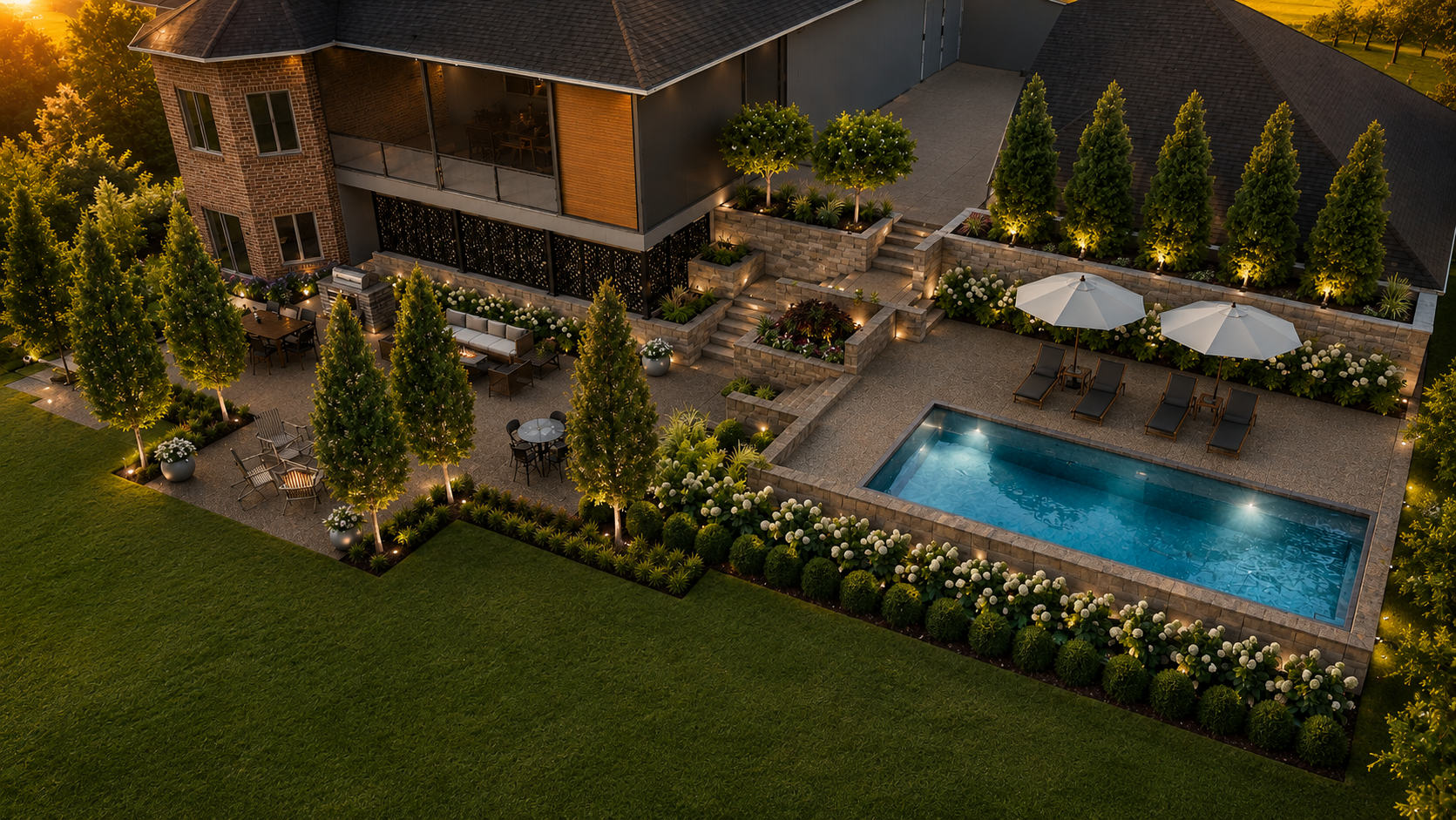 Photorealistic rendering of a custom swimming pool, patio, landscape lighting, retaining walls, and outdoor living space