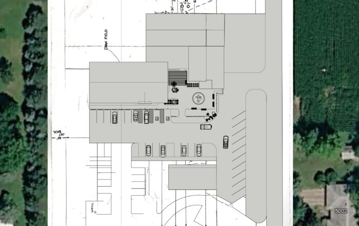 AutoCAD landscape site plan showing proposed church campus improvements, parking layout, walkways, gathering spaces, and landscape design.