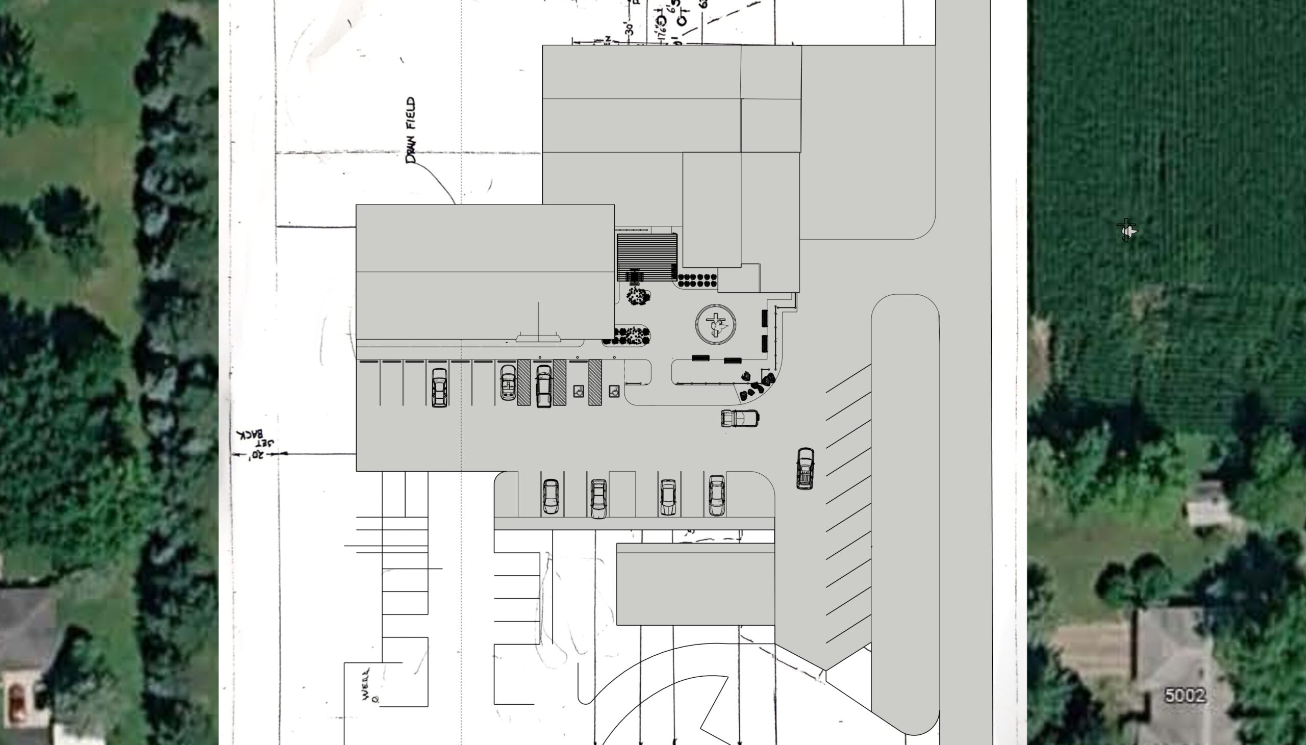AutoCAD landscape site plan showing proposed church campus improvements, parking layout, walkways, gathering spaces, and landscape design.