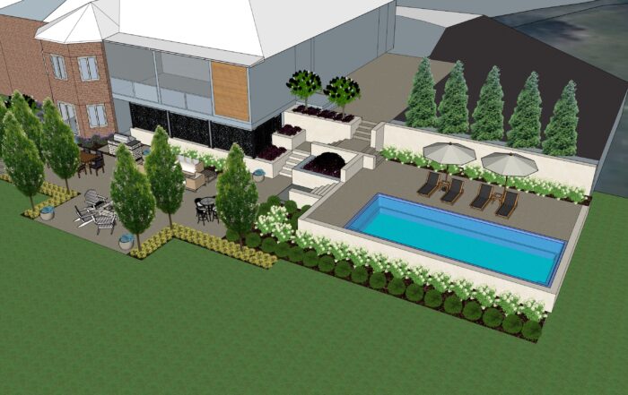 3D sketch of a residential outdoor living design featuring a custom pool, patio, retaining walls, and landscaping
