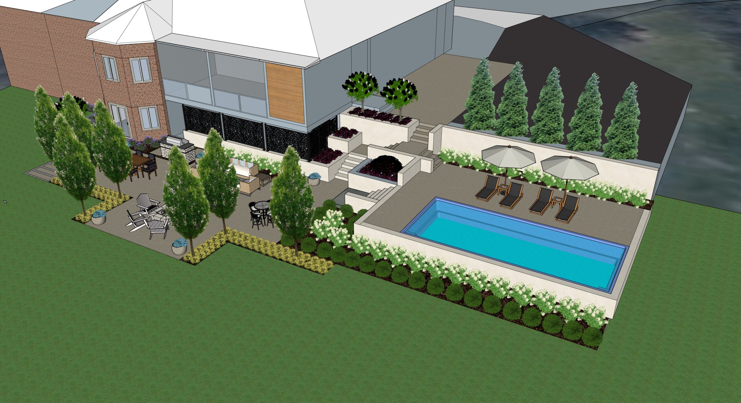 3D sketch of a residential outdoor living design featuring a custom pool, patio, retaining walls, and landscaping