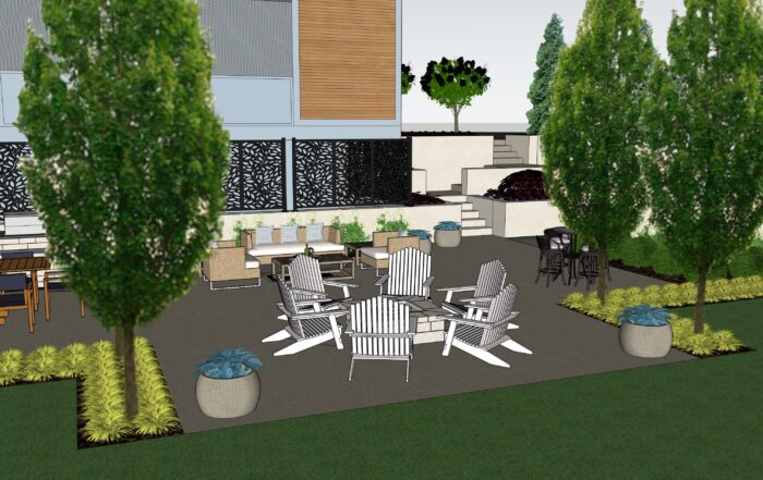 3D landscape design sketch showing patio seating, fire feature area, landscape beds, and outdoor gathering spaces