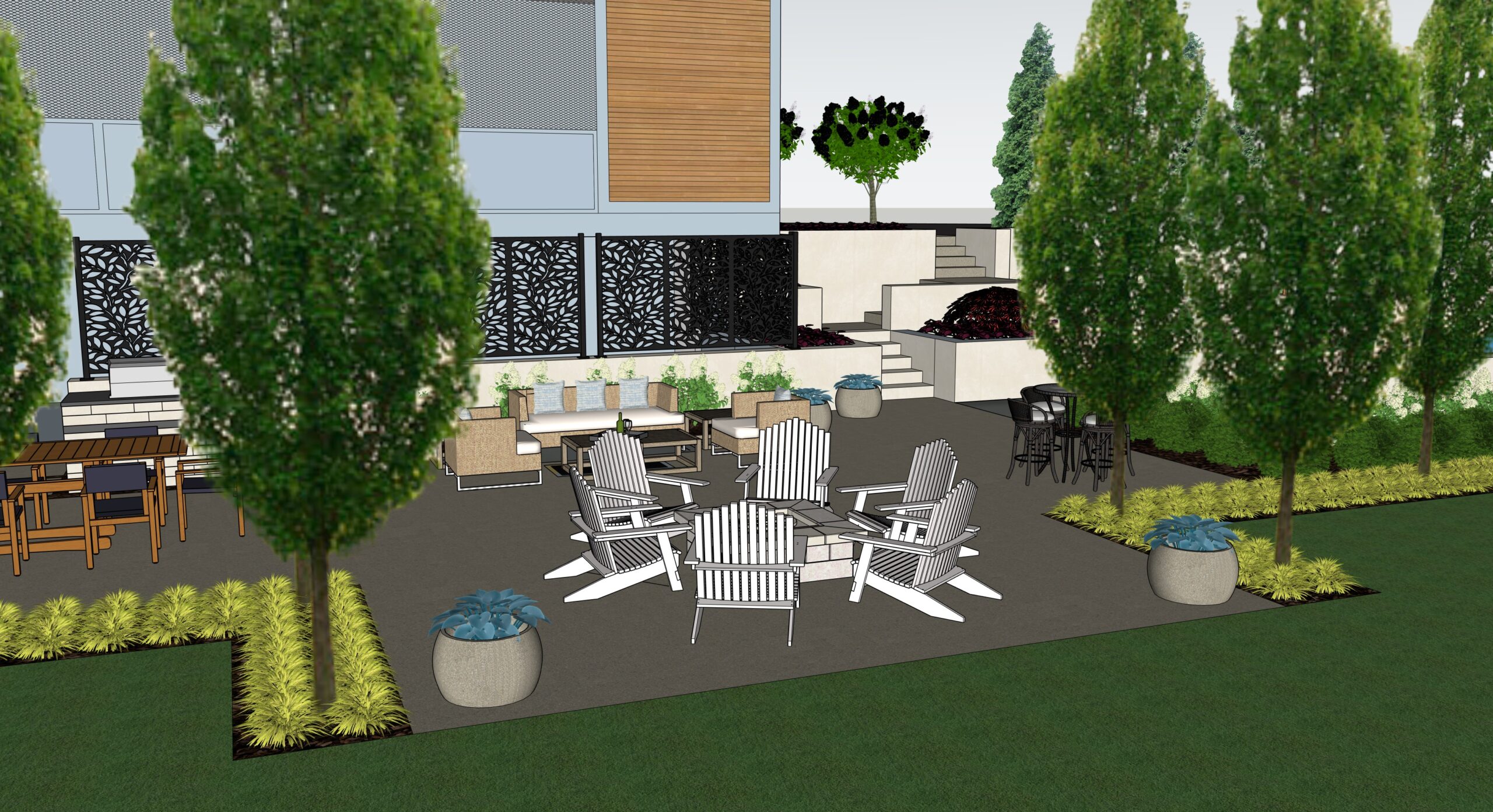 3D landscape design sketch showing patio seating, fire feature area, landscape beds, and outdoor gathering spaces