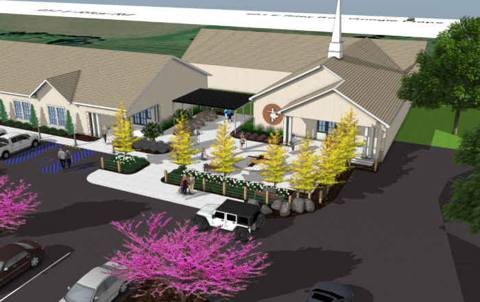 3D SketchUp model of church campus landscape design showing gathering spaces, plantings, walkways, and site improvements.