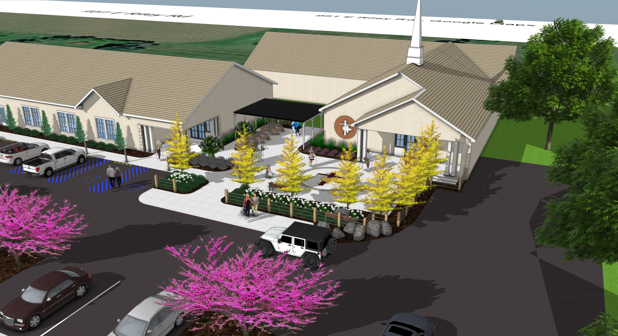 3D SketchUp model of church campus landscape design showing gathering spaces, plantings, walkways, and site improvements.