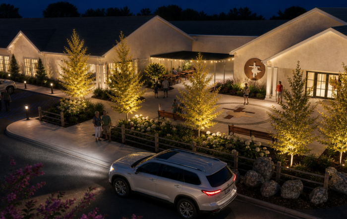 Photorealistic rendering of church campus landscape design with outdoor gathering areas, decorative plantings, landscape lighting, and accessible walkways.