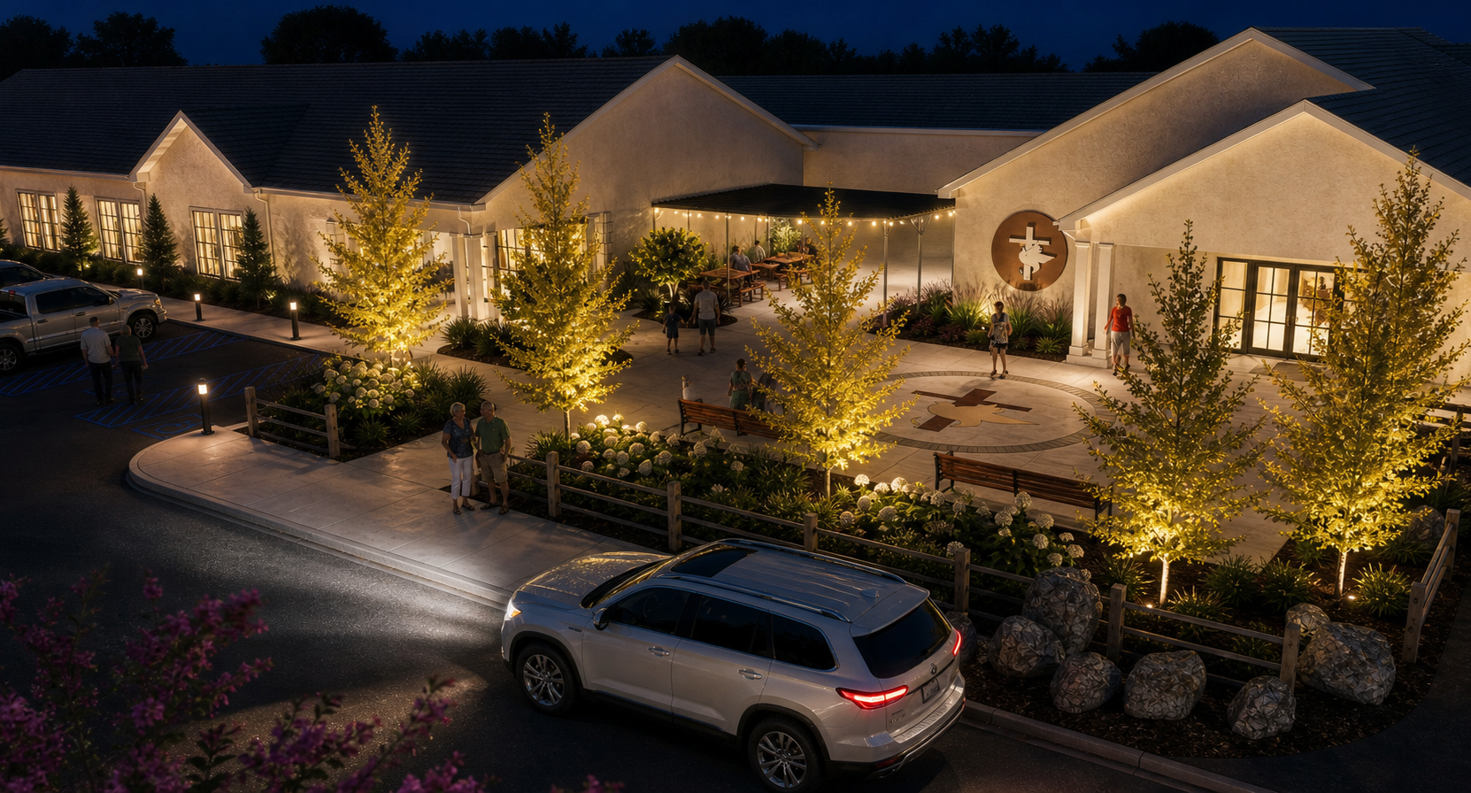 Photorealistic rendering of church campus landscape design with outdoor gathering areas, decorative plantings, landscape lighting, and accessible walkways.