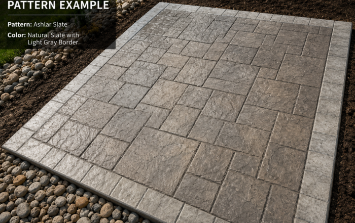 Ashlar slate stamped concrete patio with a light gray border installed by Crooked Tree Nursery in Mid-Michigan.