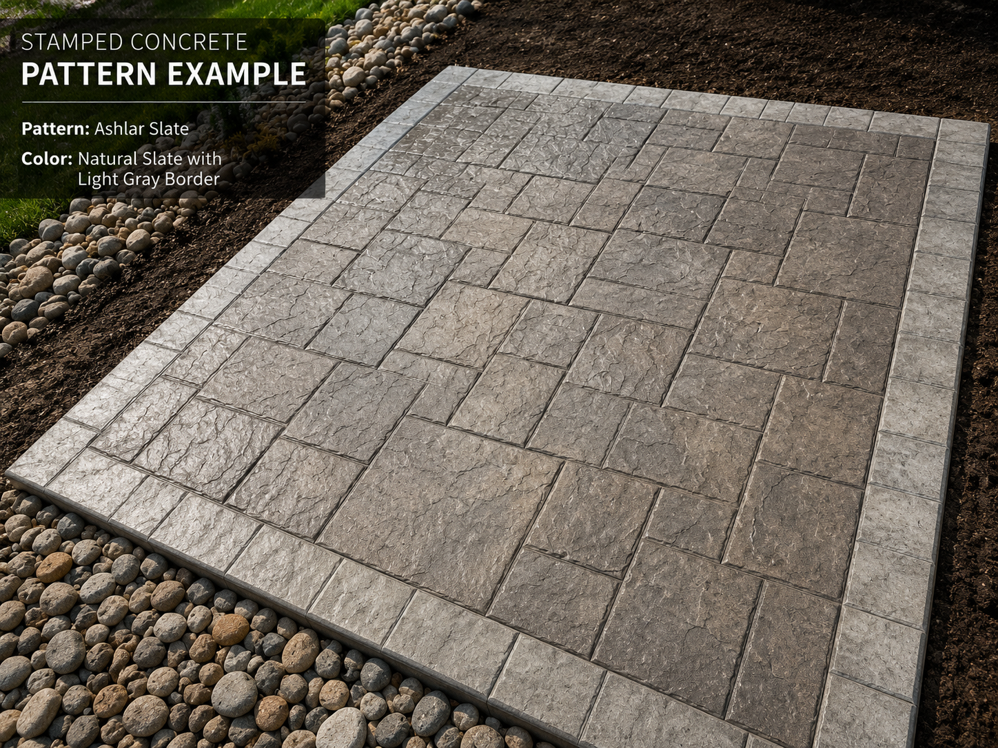 Ashlar slate stamped concrete patio with a light gray border installed by Crooked Tree Nursery in Mid-Michigan.